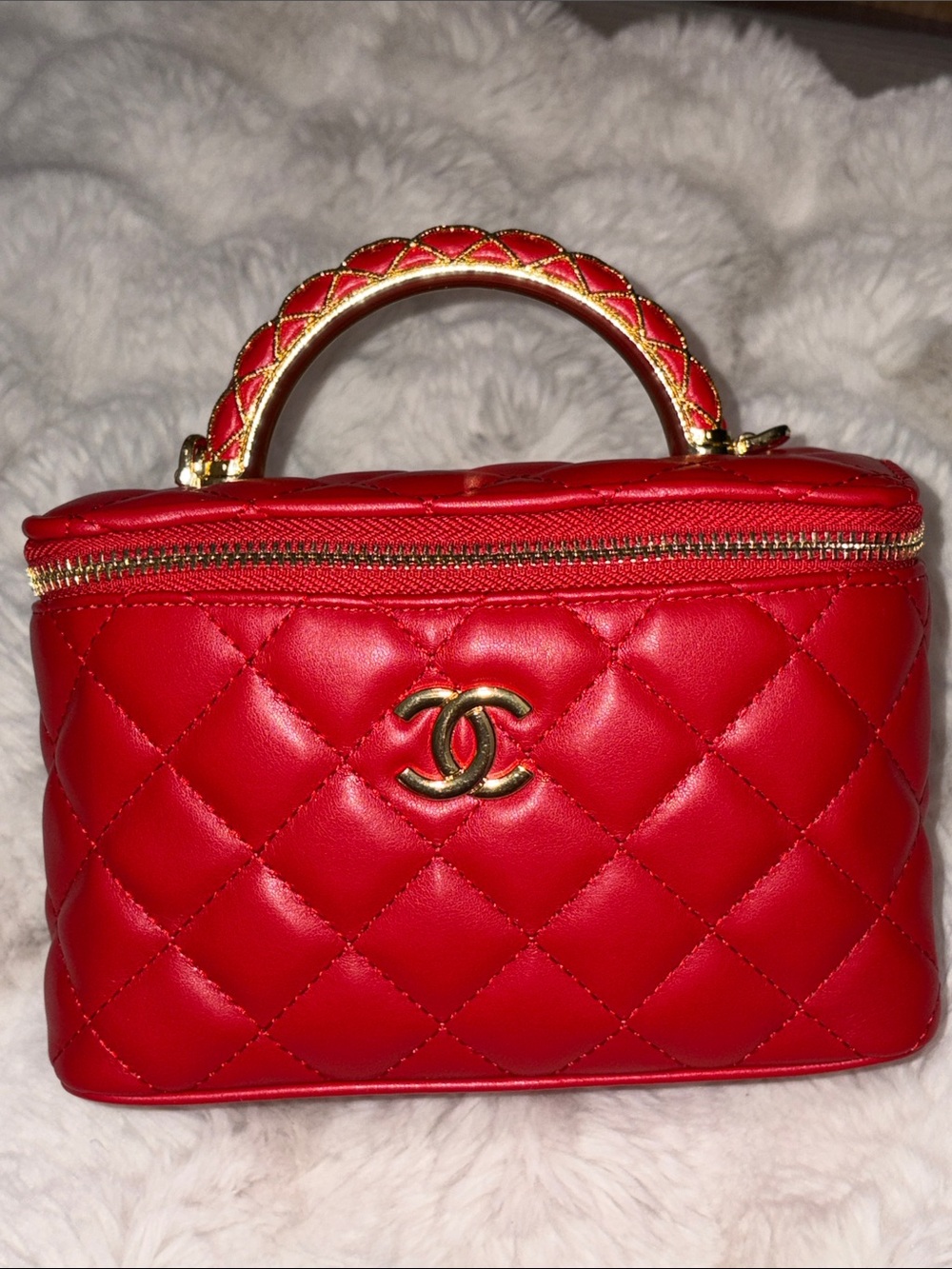 Quilted Red Vanity Cosmetic Crossbody bag with Gold Hardware